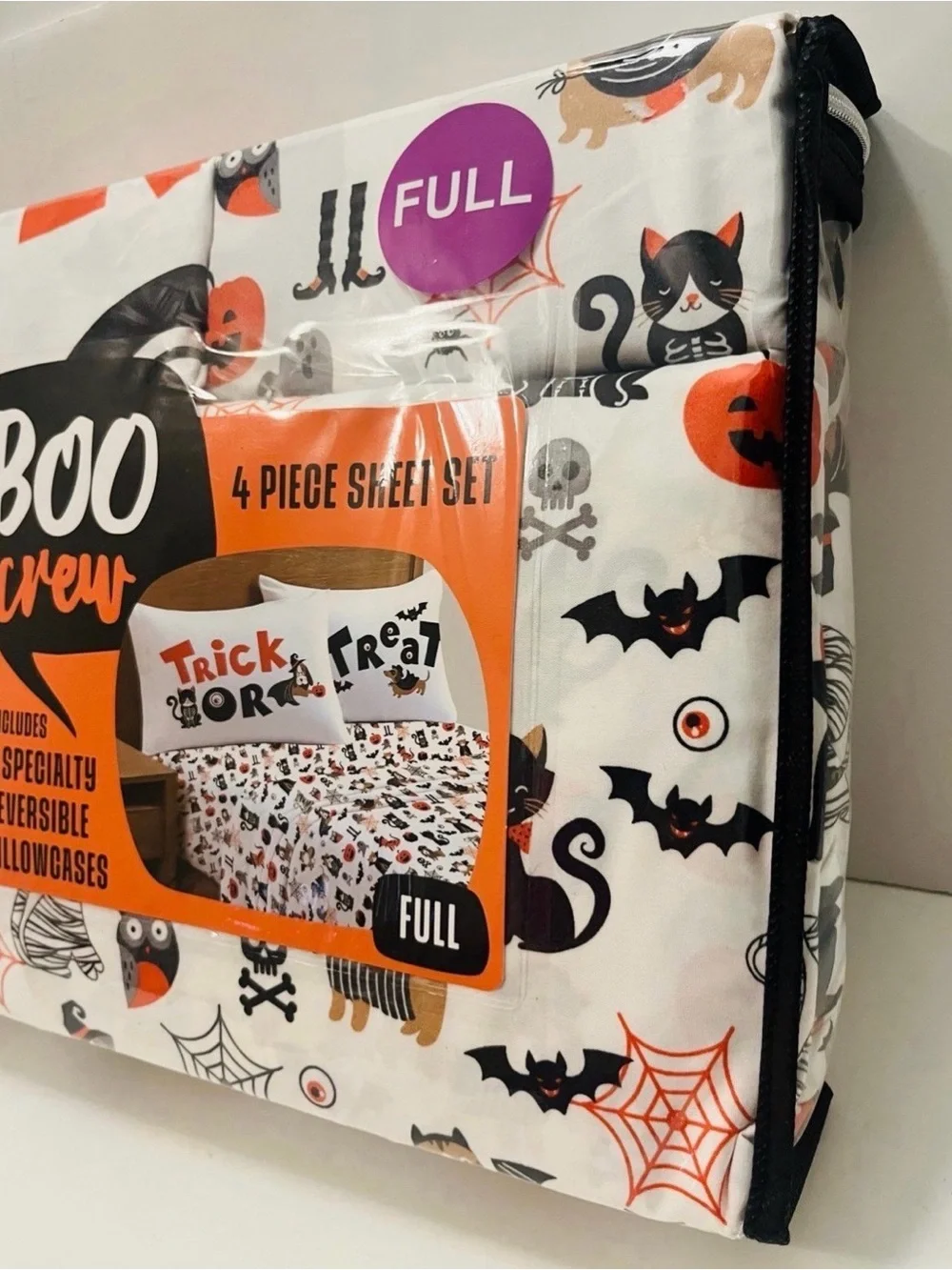 Boo Crew Halloween Full Size Sheet Set Cats Skulls Cobwebs Spiders Owls Dog Cat